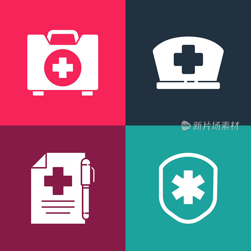 Set pop art Medical shield with cross, prescription and pen, Nurse hat and First aid kit icon. Vector